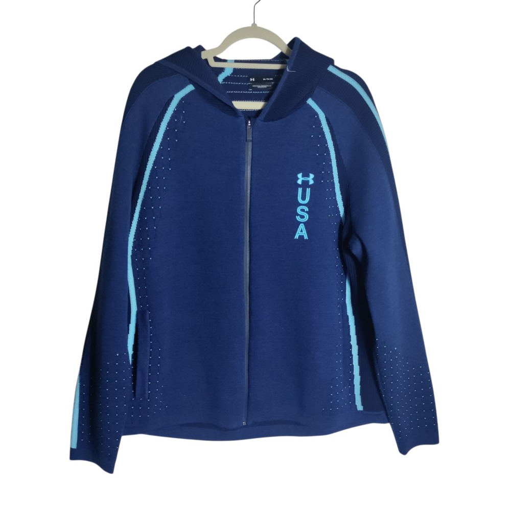 Under Armour USA Team Mens XL Navy Blue Wool Blend Full Zip Knit Hoodie Jacket